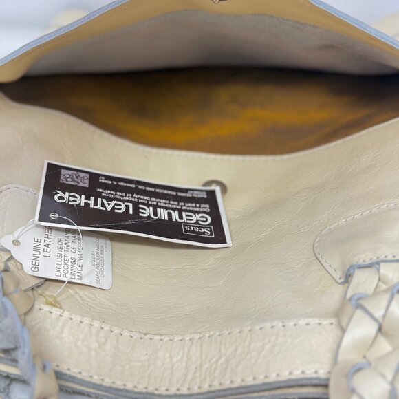 Vtg Sears Genuine Leather Shop Beige PUrse Tote Bag Braided Handles Hobo Bucket - Picture 9 of 13